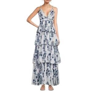 Ro's Garden size large tiered maxi dress white blue floral guest new anthropolog